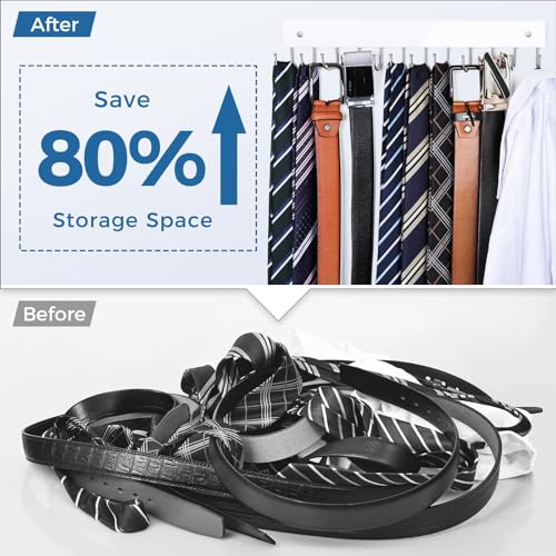 Belt Hanger Wall Mounted, Wooden Coat Rack Belt Organizer 2 Pack Max 24 Storage Capacity, 180° Rotating Space Saving Hangers for Ties, Tank Tops, Scarves, Bras, Keys, Bags White - color: White, size: 2 Pack-Belt