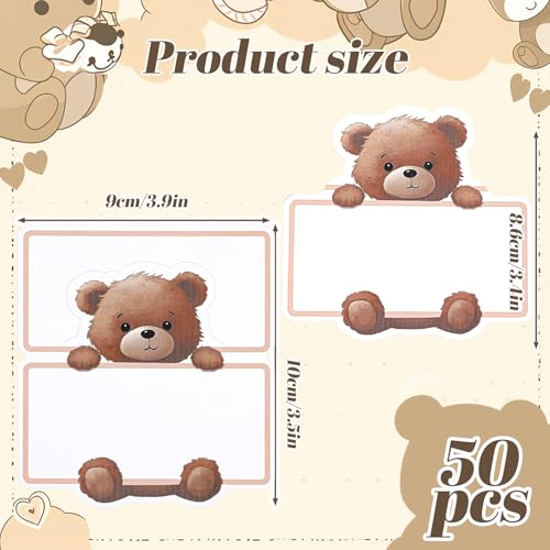50 Pcs Bear Baby Shower Place Cards for Table Setting, Self-Adhesive Jungle Animals Name Tag Labels Stickers for Coquette Birthday Party Table Setting Supplies