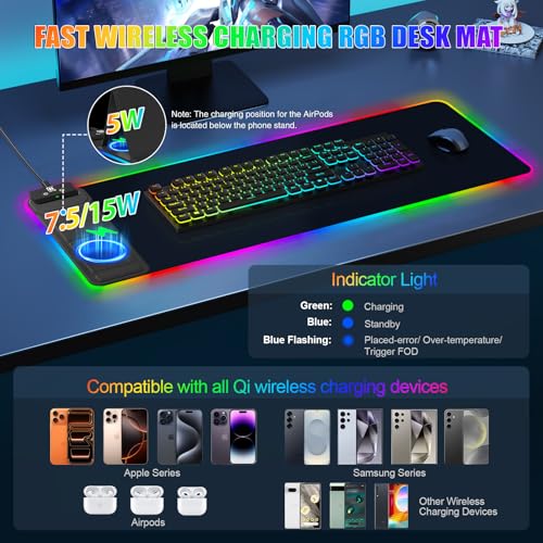 RGB Mouse Pad with Foldable Phone Stand Wireless Charger, 31.5"x11.8" XL Gaming Mousepad Large Desk Mat, Desk Pad with 11 Colors 5 Modes, Waterproof - color: Black Touch Control Stand XL with PD Charger