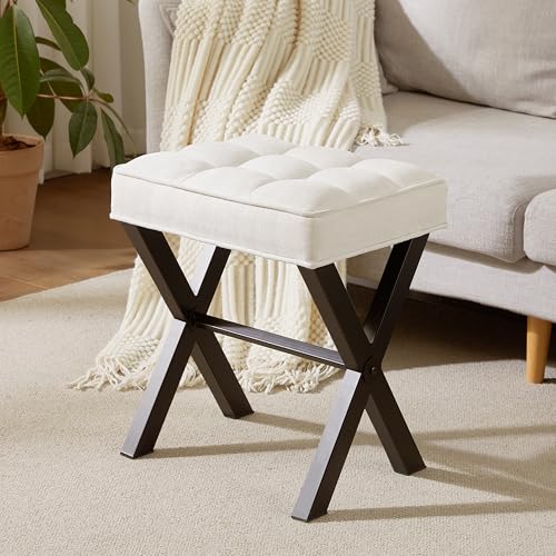 Royal Windsor Vanity Stool,Square Ottoman Stool Foot Rest,Upholstered Vanity Chair Foot Stool with Metal X Legs, Small Vanity Seat for Entryway,Bedroom and Living Room,Linen White - color: 12.6"d White+black