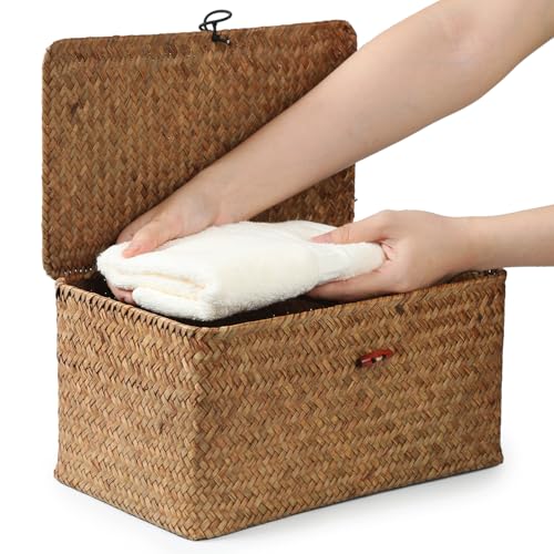 4 Pack, Wicker Baskets with Lids, Nautral Seagrass Storage Baskets, Woven Rectangular Basket Bins, Rattan Storage Organizer for Shelf (Coffee, Set of 4) - color: Coffee, size: Set of 4
