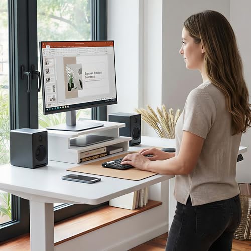 Computer Monitor Stand Riser, 16.5 Inch Wood Desk Shelf Storage Organizer with Phone Tablet Holder, White - color: White, size: 16.5 inch