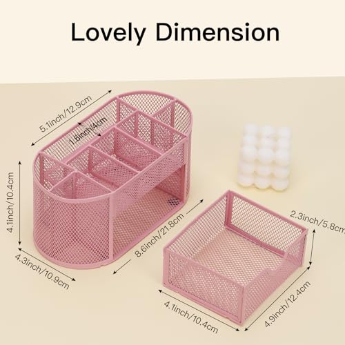 EOOUT Pink Desk Organizer, Pen Holder for Desk and Accessories, Mesh Desk Organizer with 8 Compartments and 1 Drawer for Office Home School Classroom - color: Pink