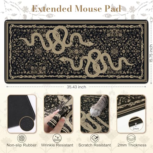 Large Desk Mat, Desk Matt for Desktop, Computer Gaming Mouse Pads, Stitched Edges Soft Mat for Desktop Office Home 35.4 x 15.7 Inches (Black Gold Snake) - color: Black Gold Snake