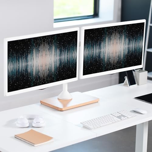 VIVO Freestanding Dual Monitor Stand with Solid Wood Base and Adjustable Arms, Mounts 2 Screens up to 32 inch and 22 lbs Each, White, STAND-V002FD-W - color: White/Wood, size: 13" to 32" Screens