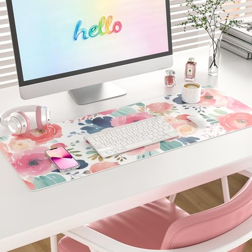 Colorful Star Large Mouse Pad, Pink Floral Desk Mat for Desktop, Women Girls PU Leather Waterproof Gaming Mousepad, Computer PC Laptop Protector Flowers Desk Pads for School Office Home 31.5" x 11.8" - color: Watercolor Pink Flower, size: 31.5L x 11.8W in