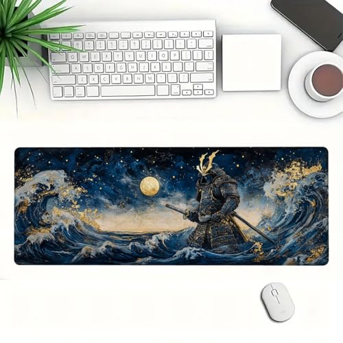 Japanese Samurai Desk Mat Gaming Desk Pad Large Mouse Keyboard Pad Wave Moonlight Night Sky Anime Desktop Mats Computer Keyboard Pad Mouse Mat Laptop Mat Office Home Decor 31.5" x 11.8" - color: Japanese Samurai, size: 31.5L x 11.8W inches