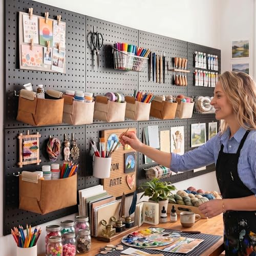 Spampur Peg Board, 8 Pack Metal Pegboard Wall Organizer with Accessories | Black Pegboard Panels with 50 Pcs Hooks and Baskets, Wall Organizer for Office, Craft Room Organization, Garage, Sewing Room - color: Black, size: 16x12''- 8 Pcs
