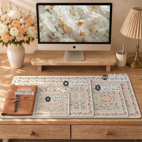 iCasso Aesthetic Floral Desk Mat, L Mouse Pads, Anti-Slip Mousepad with Stitched Edges, Waterproof Computer Pad 11.8"x31.5", Desk Accessories Office Decor for Women(Beige) - color: Beige, size: 31.5L x 11.8W inches