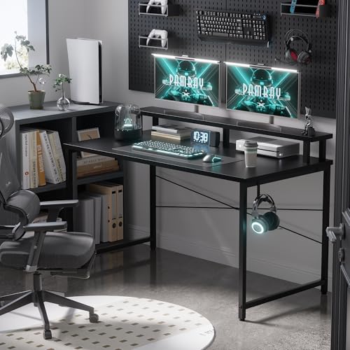 Pamray 47 Inch Small Computer Desk with Monitor Stand, Simple Office Desk with Headphone Hook for Small Spaces, Kids Study Writing Table for Bedroom, Black - color: Black, size: 47 Inch