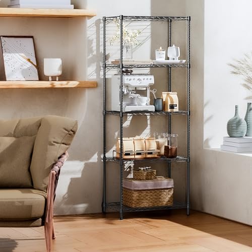 IZEUK 5-Tier Black Metal Storage Shelves, Adjustable Wire Shelving Unit for Kitchen, Bathroom, Pantry, Office, Garage, Organizer Wire Rack, 1250 lbs, 13.7" D x 23.6" W x 63" H - color: Black, size: 5 Tier, 13.7" D x 23.6" W x 63" H