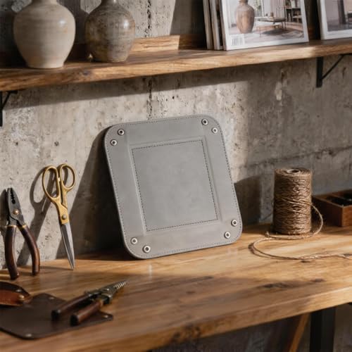 Valet Tray Desktop Storage Organizer - Vegan Leather Catchall Tray Bedside Vanity Tray Nightstand Caddy Holder for Remote Controller, Watch, Keys, Phone, Wallet, Coin, Jewelry - Gray - color: Gray
