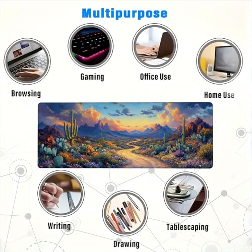 Cactus Desert Mouse Pad Large Sunset Mountain Wildflower Road Illustration Mousepad XL Large Gaming Mouse Pad Laptop Keyboard Mat Desk Pad 31.5x11.8 Inch - color: Cactus Desert