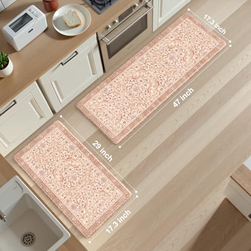 KIMODE Anti Fatigue Kitchen Mats for Floor, Boho Vintage Kitchen Rugs Sets of 2, Kitchen Floor Mats Cushioned Non Slip, Khaki Memory Foam Standing Mats for Laundry Office Sink Desk 17"x47"+17"x29" - color: Light Camel/Khaki, size: 17.3" x 47"+17.3" x 29"-