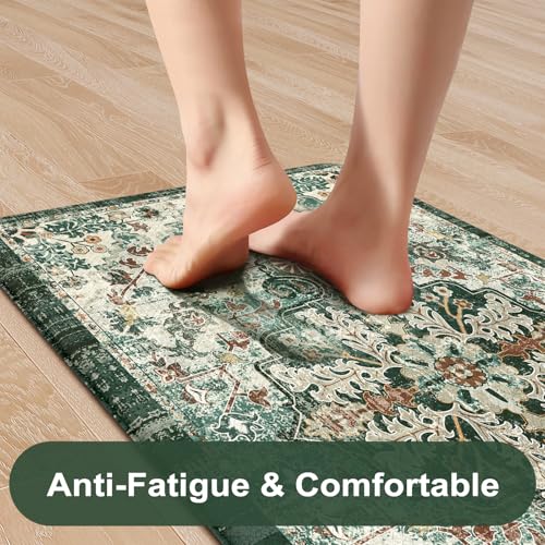 KIMODE Kitchen Mats Cushioned Anti Fatigue, Boho Oriental Kitchen Rugs 17"x47"+17"x29", Non Slip Kitchen Mats for Floor, Padded Kitchen Floor Mats for Sink Laundry Office Desk Green Multi - color: Green/Multi, size: 17.3" x 47"+17.3" x 29"--0.47 inches