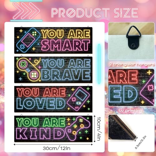 4 Pcs Neon Gaming Decor for Boys Room Wooden Video Game Wall Art Print Motivational Quote Gamer Hanging Plaques Wall Decor for Boys Kids Room Bedroom Playroom Decorations,12 X 4 Inch - color: b, size: 12x4