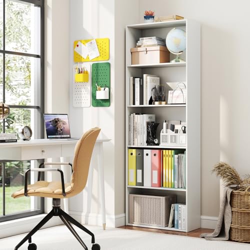 Giantex 5-Tier Bookshelf, Freestanding Tall Bookcase with 5 Open Compartments, Modern Storage Organizer, Display Shelving Unit for Living Room, Bedroom, Home Office, White - color: White, size: 23" x 9.5" x 67.5"
