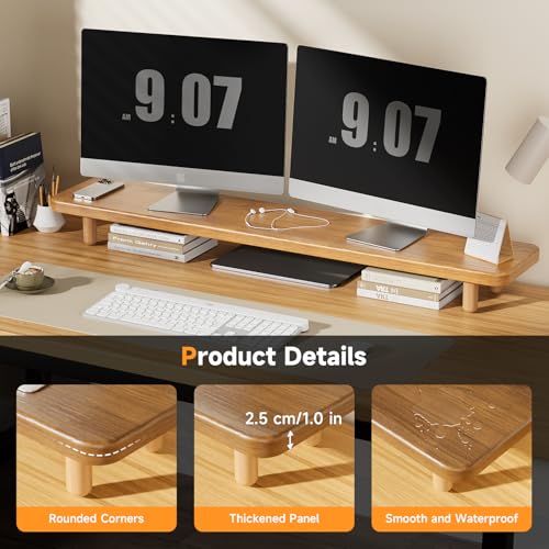Dual Monitor Stand Riser, 39 Inch Extra Long Wooden Desktop Monitor Riser with Storage for 2 Monitors Ultra Strong Desk Shelf Organizer Riser Ergonomic for 2 Screens/Laptop/PC/TV/Printer (Light Walnut, 39inches) - color: Light Walnut