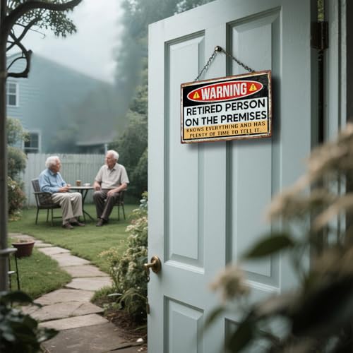 Funny Retirement Gifts for Men & Women - Warning Retired Person On Premises Sign - Teacher Retirement Party Decorations - Vintage Happy Retirement Metal Signs Personalized Door Sign 8x12 Inches - color: Retired