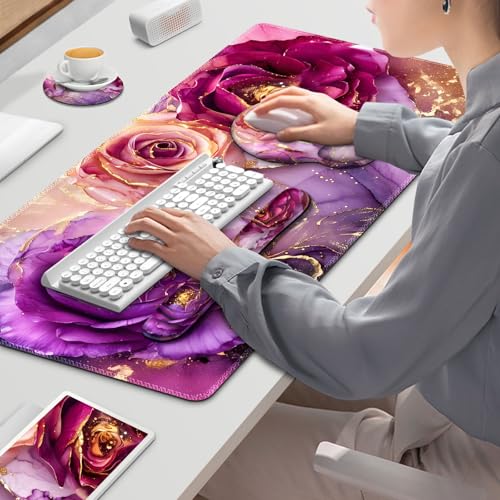 Gaming Mouse Pad, Large Desk Mat, Cute Desk Pad Protector, 4in1 XXL Mousepad + Keyboard Wrist Rest+Mouse Wrist Rest+Coaster Set with Ergonomic Desk Pad for Home Office PC, Marble Rose Purple Flowers - color: Marble Rose Purple Flowers