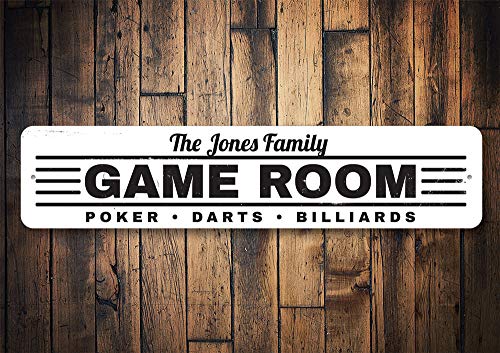 Game Room Sign, Family Name Sign, Custom Poker Darts Billiards Sign, Man Cave Aluminum Decor - 6" x 24" - size: 2) 6"x24" Inches