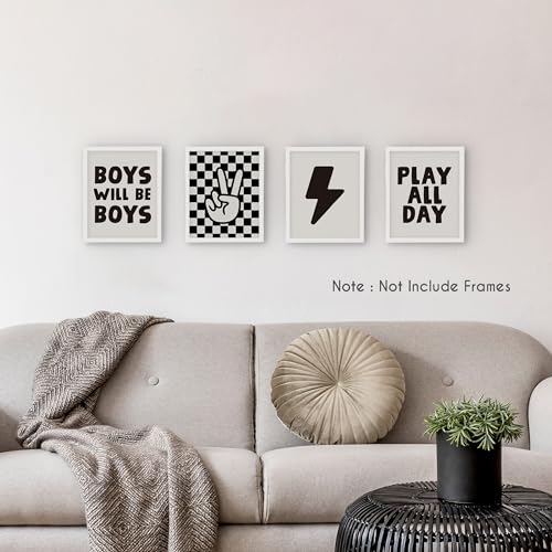 HRQKO Boys Room Wall Art Set of 4, Kids Positive Boys Play All Day Posters Printing Wall Decor, Black Checkered Hand Prints for Nursery Playroom 8”x10” Unframed - color: black1, size: 8x10
