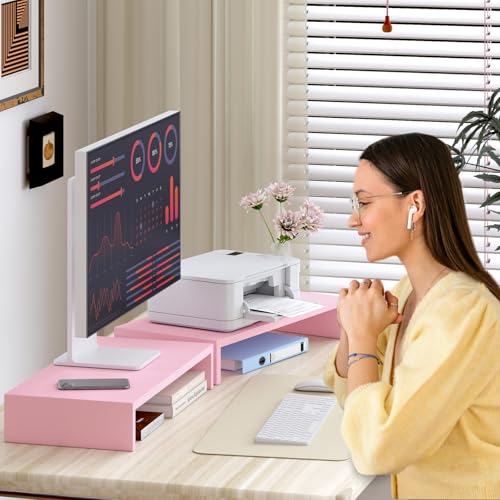 TEAMIX 2 Pack Pink Monitor Riser-20L inch, Cute Monitor Stand for Desk, Wood Sturdy TV/Screen/PC/Printer/Laptop Riser, Computer Shelf with Storage Desktop Organizer for Home Office - color: Pink, size: 2 Pack-20 inch