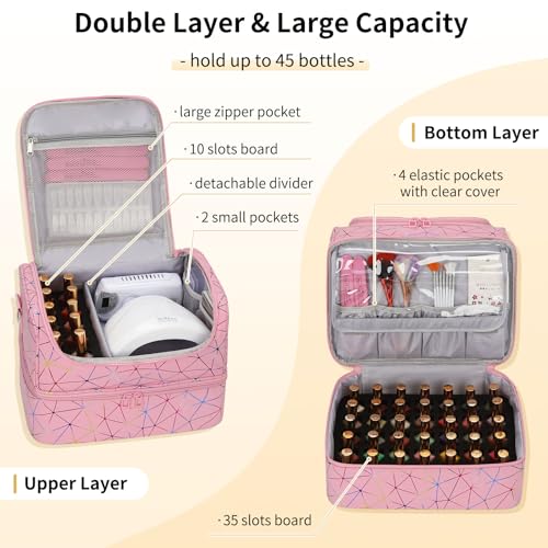 CUBETASTIC Nail Polish Organizer Bag, Double Layer Nail Tech Travel Case Holds 45 Bottles & Full-Size Lamp, Portable Manicure Storage Box for Nail Supplies, Tools & Dip Powder - Pink - color: Triangle Pink, size: 45 Slots