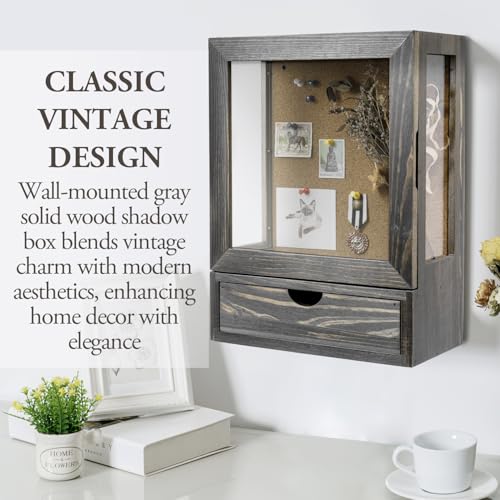 MyGift Deep Shadow Box Frame with Cork Back and Bottom Storage Drawer, Shadow Box Display Case Wall Mounted, Clear Acrylic Panels, Hinged Door with Magnetic Closure, Vintage Gray Solid Wood - color: Vintage Gray