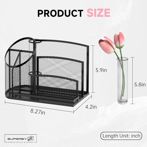 SUPEASY Desk Organizer with 3 Compartment Pen Holder, 3-Slot Mail Organizer and Flower Tube, Metal Mesh Bill Organizer for Pencil, Envelope, Letter and Office Supplies, Black - color: Black with Pen Holder