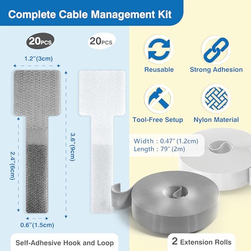 Cable Management Kit – 40 Self-Adhesive Hook & Loop Cable Ties with 2 Extension Straps, Strong Adhesive Cord Organizer for Desk, Wall, Home & Office, Adjustable Wire Holders, Grey & White - color: White, Gray