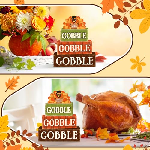 4 Pcs Fall Decorations for Home Thanksgiving Turkey Tiered Tray Decor, Fall Table Decor Farmhouse Rustic Wooden Turkey Block Sign Autumn Harvest Tabletop Centerpieces for Home Kitchen Indoor - style: Gobble Turkey