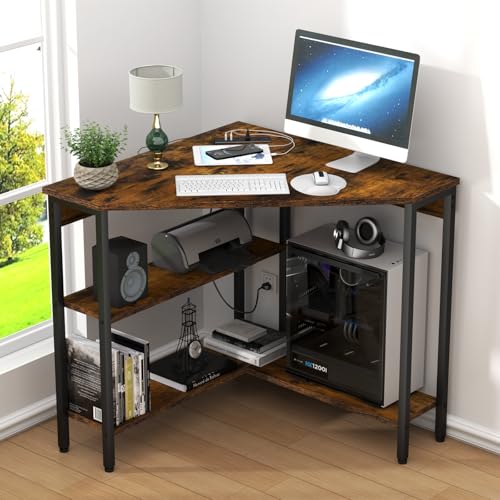 Auromie Corner Desk with Outlets & USB Ports, 90 Degree Triangle Corner Table with CPU Stand & Storage Shelves for Small Space, Computer Table with Charging Station for Home Office Bedroom (Rustic) - color: Rustic