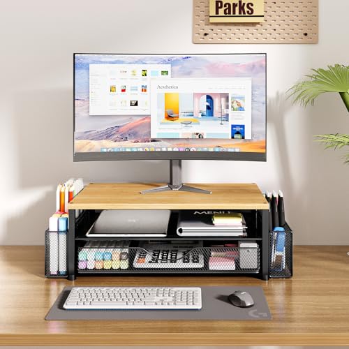 OPNICE Desk Organizers and Accessories, 2-Tier Computer Monitor Stand with Drawer and 2 Pen Holders, Laptop Stand, Office Desk Accessories for Office Supplies, Oak - color: Oak, size: With Drawer and 2 Pen Holders