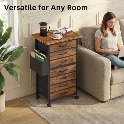HIGDBFE 7 Fabric Drawers File Cabinet with Side Pocket, Rolling Printer Stand with Storage for Home Office, Wood Top Storage Cabinet for Documents and Crafts, Rustic Brown, 15" D - size: 15"D (7 Drawers)