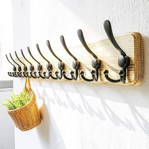 Dseap Coat Rack Wall - Heavy-Duty 38-1/4" Long, with Reinforced 10 Custom Tri-Hooks, Solid Wood Wall Hanger for Coats Hat Jackets - Rustic Farmhouse Entryway Hallway Storage, Light Brown & Black - color: Light Brown & Black, size: L=38.3"