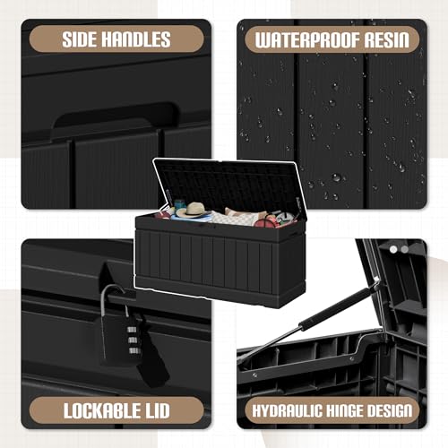JUMMICO 78 Gallon Outdoor Deck Box Large Resin Storage Box for Patio Furniture Cushions and Garden Tools (Black) - color: Black, size: 78 gallon