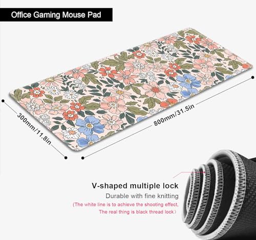 Pink Blue Floral Desk Mat Cute, XL Green Leaf Flowers Extended Mousepad, Non-Slip Rubber Base Stitched Edge Large Mouse Pad Desk Pad for Women Gamer Office,Computer Accessories,31.5 X 11.8 in - color: Pink Blue Floral