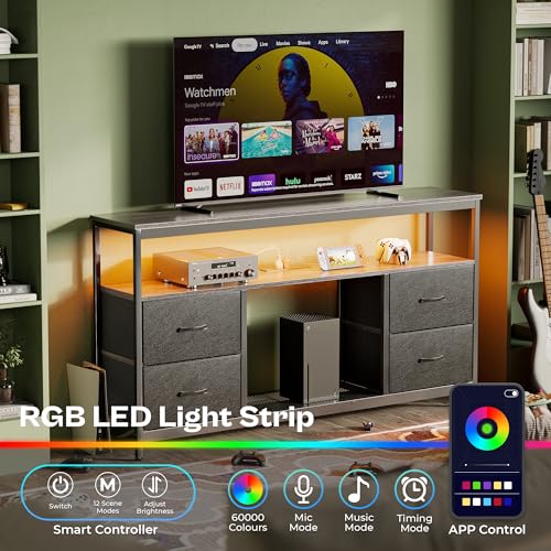 Huuger TV Stand Dresser with Power Outlets and LED Lights, 4 Drawers Entertainment Center with Shelves, 54in Media Console for 55 60 Inch TV, Dresser with PU Finish, Grey and Black - color: Grey and Black, size: 54 Inches