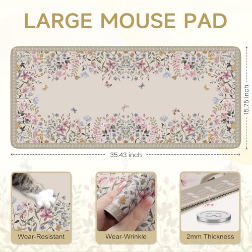 iCasso Floral Desk Mat for Keyboard and Mouse,Cute Gaming Mouse Pad XXL,Anti-Slip Desk Matt for Desktop,Soft Lycra Surface Computer Mat Women,Girly Big Mousepad for Home Office (Beige) - color: Beige