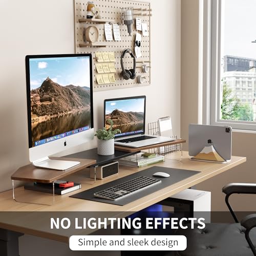 AFOOYO LED Dual Monitor Stand Riser for 2 Monitors,Office Desktop Wooden Stand Adjustable Length and Angle 3 Shelf,Extra Long Multifunctional Stand up to 44.4" for Computer,Laptop,TV,Walnut Finish - color: Walnut, size: Dual