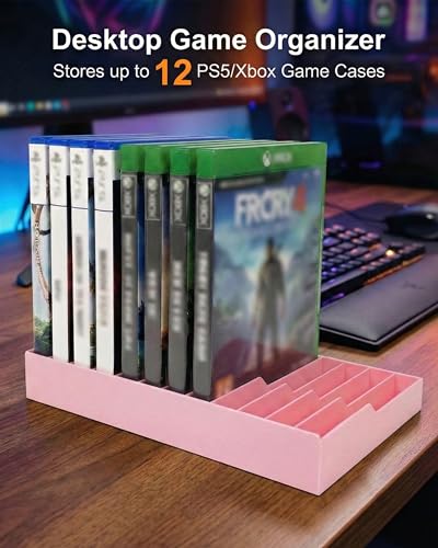 Video Game Storage Tower for PS5 / PS4 / Xbox Series X/Xbox One Game Cases, 12-Disc Capacity DVD & Blu-Ray Organizer Stand, Anti-Slip ABS Desktop Rack, No Assembly Required (1, Pink) - color: Pink