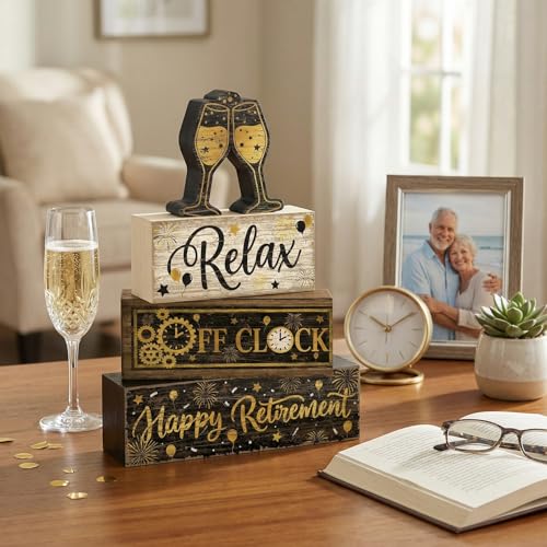 4 Pcs Retirement Party Decorations Gifts Happy Retirement Office Desk Table Decor Wooden Signs Funny Coworker Farewell Gift Shelf Sitter Home Tabletop Set - style: Retirement