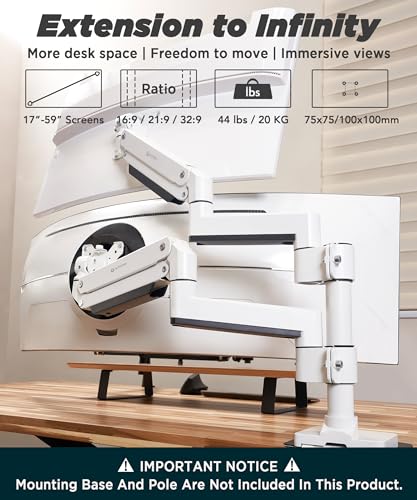ULTRARM Heavy Duty Extension Arm Accessory for MA20PW-S Do Not Use Alone | Max 3 Screens, Dual 49" Vertical Stacked Monitor Mount, Base & Pole Not Included, VESA 100x100, White, MA20PW-A - color: White, size: Extension Monitor Arm