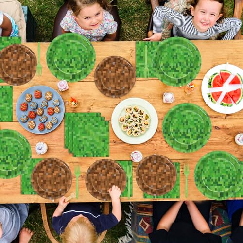 100 PCS Pixel Party Plates and Napkins Decoration Pixel Theme Disposable Birthday Party Tableware Set Includes Video Game Paper Plates Set and Video Game Napkins Gamer Supplies Server 25 Guests