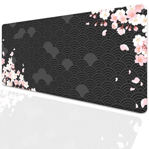 Black Watercolor Cherry Blossom Desk Pad Mouse Pad,Large Gaming Mouse Mat with Stitched Edges,Non-Slip Waterproof Rubber Base Mousepad for Office Work Home Desk Mat(27.5X11.8 in) - color: Black Watercolor and Cherry Blossom