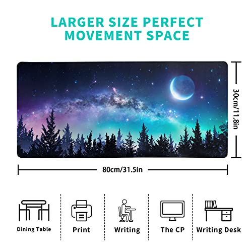 Extended Gaming Mouse Pad, XL Large Keyboard Mouse Mat Desk Pad, Stitched Edges Mousepad, 3mm Thick Long Non-Slip Rubber Base Mice Pad, 31.5 X 11.8 Inch, Forest Moon Galaxy - color: Forest Moon Sky