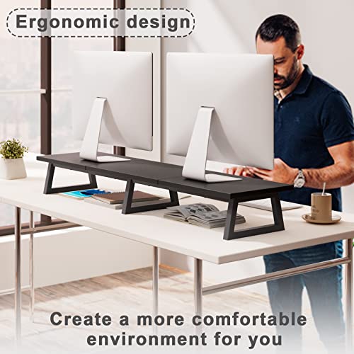 TEAMIX Black 42 inch Dual Monitor Riser,Wood and Steel Long Monitor Stand for 2 Monitors with Storage Large TV Riser Computer Laptop Stand for Desk Office Organization - color: Black
