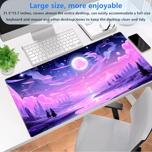 Extended Gaming Mouse Pad XL, Pink Purple Anime Desk Mat 31.5x15.7 | Aesthetic large mousepad featuring a magical purple moon and cloud design. Perfect for cute anime desk setups. - color: Pink Moon Lake