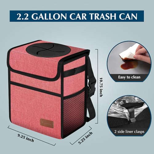 Femuar Car Trash Can with Lid - Leak Proof, Waterproof, Multipurpose Car Hanging for Headrest, Collapsible, Portable with Storage Mesh Pocket, Pink - color: Pink, size: 2.25 Gallons